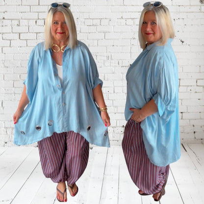 oversized Bluse "EYELETS" mit Ösen, light denim