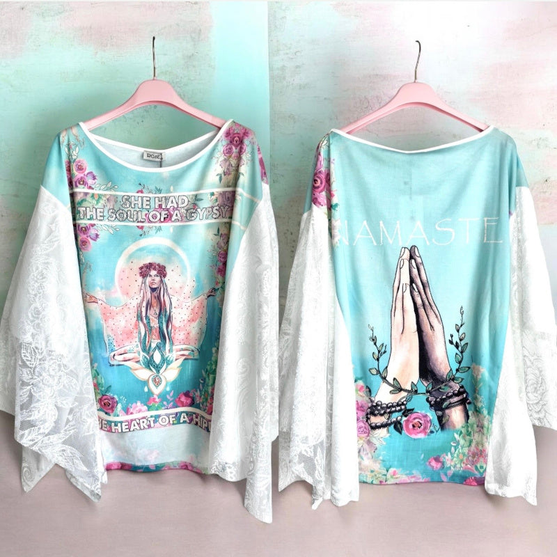 Gypsy Tunika Shirt "NAMASTE", türkis/rosa