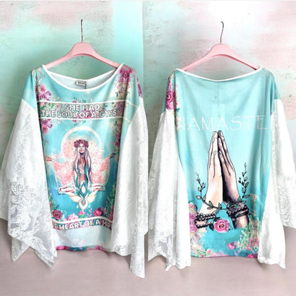 Gypsy Tunika Shirt "NAMASTE", türkis/rosa