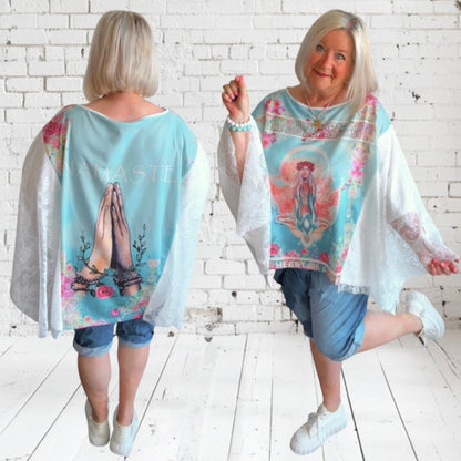 Gypsy Tunika Shirt "NAMASTE", türkis/rosa