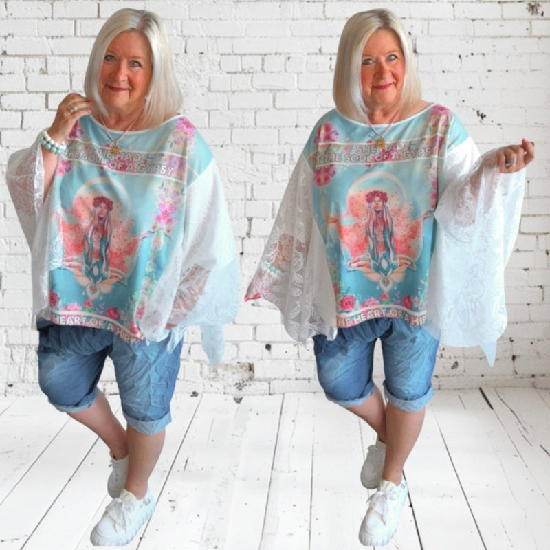 Gypsy Tunika Shirt "NAMASTE", türkis/rosa