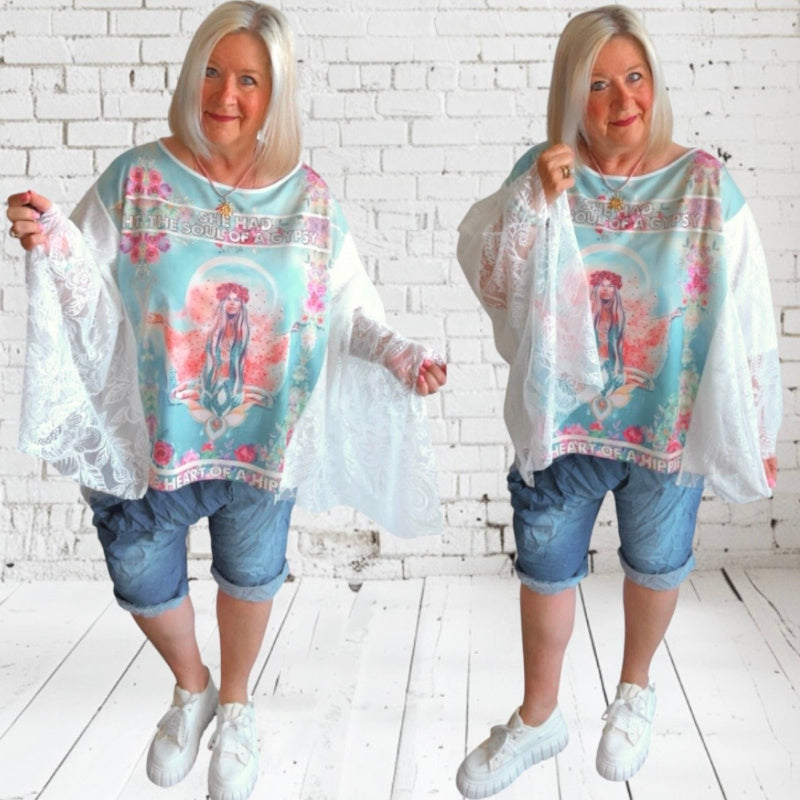 Gypsy Tunika Shirt "NAMASTE", türkis/rosa