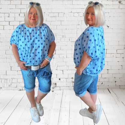 kurzarm Bluse "DANCING DOTS", hellblau