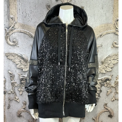 ROSE Lederoptik Jacke "UNIQUE CROSS" mit Kapuze und Strass
