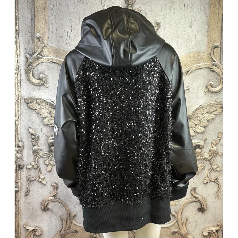 ROSE Lederoptik Jacke "UNIQUE CROSS" mit Kapuze und Strass
