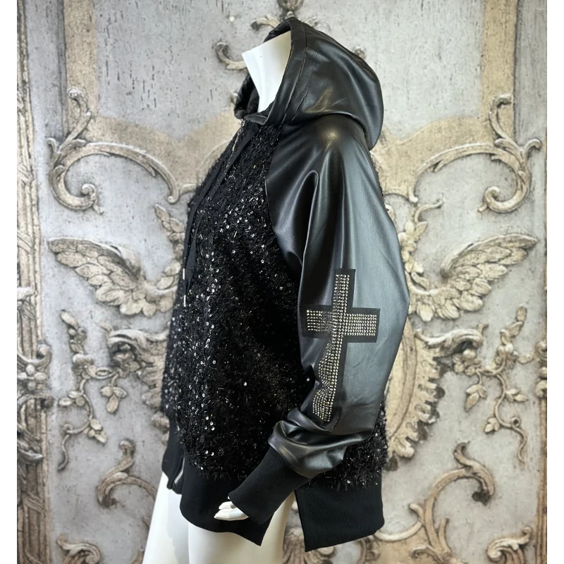 ROSE Lederoptik Jacke "UNIQUE CROSS" mit Kapuze und Strass