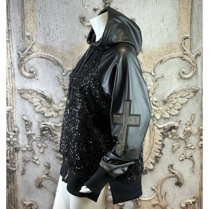 ROSE Lederoptik Jacke "UNIQUE CROSS" mit Kapuze und Strass