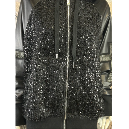 ROSE Lederoptik Jacke "UNIQUE CROSS" mit Kapuze und Strass