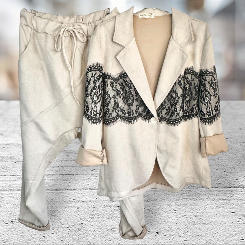 Velour Blazer "LACE TRIM", beige