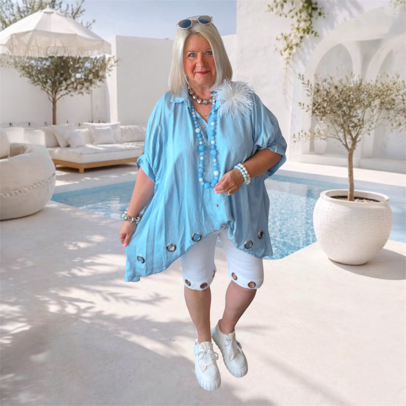 oversized Bluse "EYELETS" mit Ösen, light denim