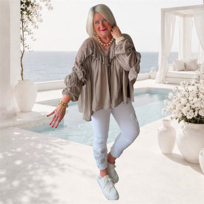 Blusen-Tunika "BOHO" mit Spitze und Volant, taupe