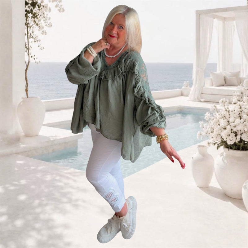 Blusen-Tunika "BOHO" mit Spitze und Volant, khaki