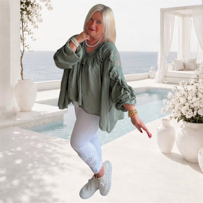 Blusen-Tunika "BOHO" mit Spitze und Volant, khaki