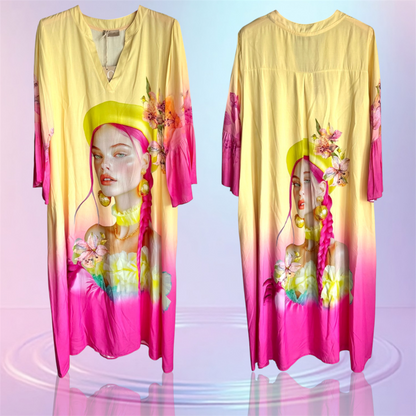 Viskose Kleid "LOLITA" Modell 3, vanillegelb/pink