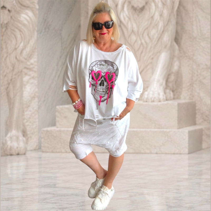 Shirt "SKULL" mit Glitzer & Cut-Outs, weiß