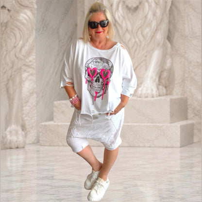 Shirt "SKULL" mit Glitzer & Cut-Outs, weiß