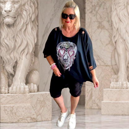 Shirt "SKULL" mit Glitzer & Cut-Outs, schwarz