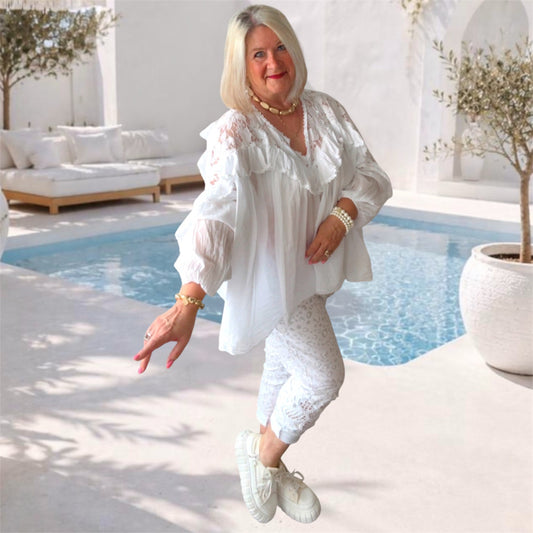 Blusen-Tunika "BOHO" mit Spitze und Volant, weiß