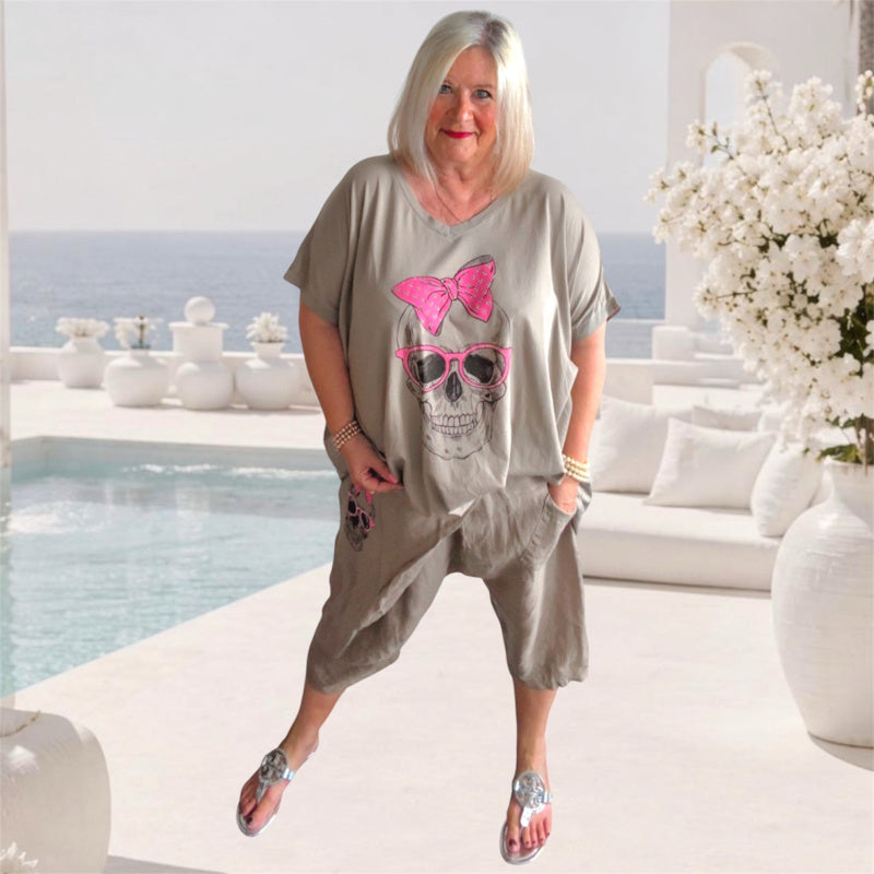 T-Shirt "SKULL" mit Glitzer, taupe