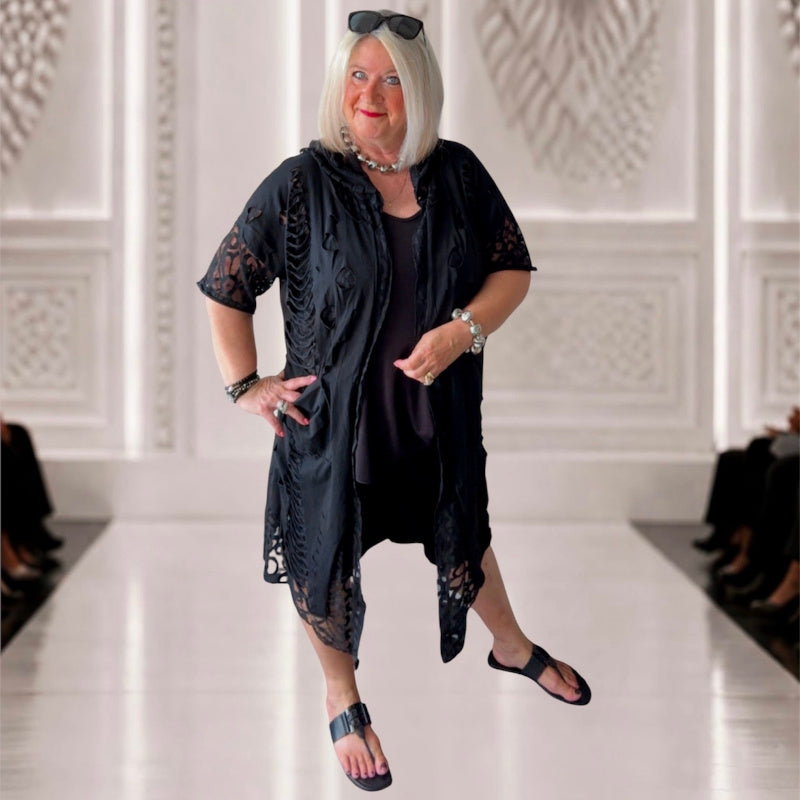Sommermantel "LACE" mit Spitze und Kapuze, schwarz