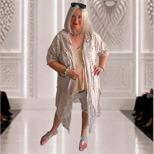 Sommermantel "LACE" mit Spitze und Kapuze, beige