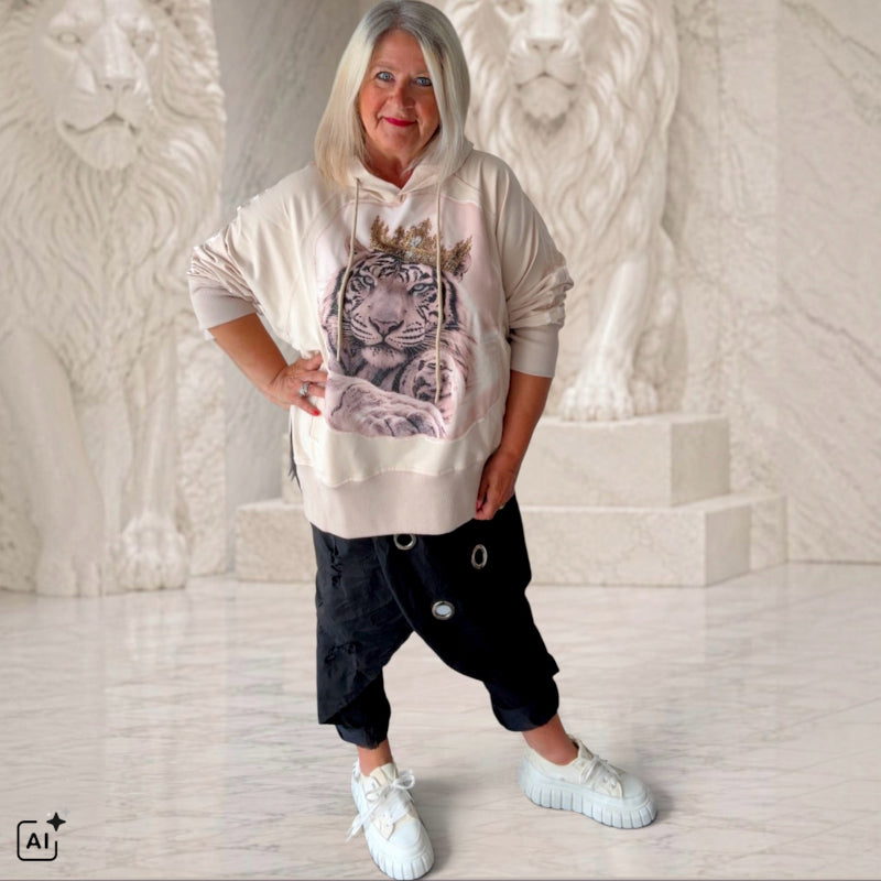 ROSE Hoodie "TIGER KING" mit Strass, beige