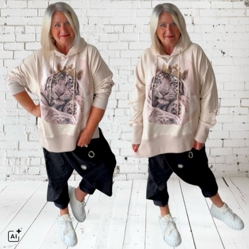 ROSE Hoodie "TIGER KING" mit Strass, beige