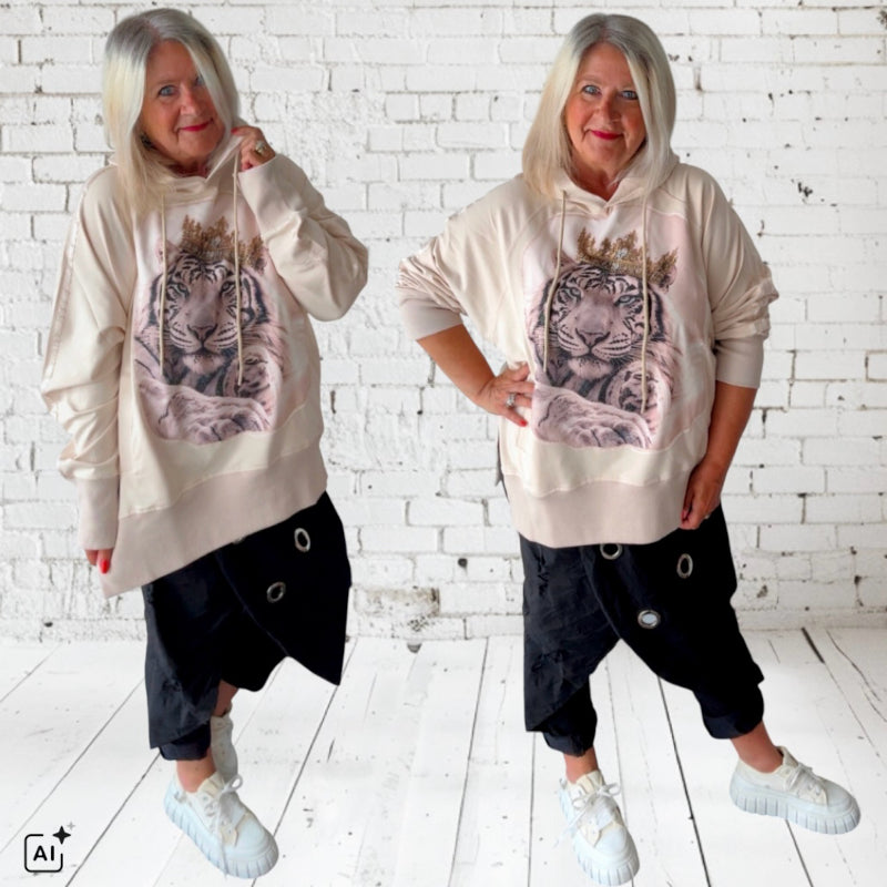ROSE Hoodie "TIGER KING" mit Strass, beige