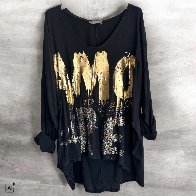 Viskose Langarm Shirt "AMORE", schwarz
