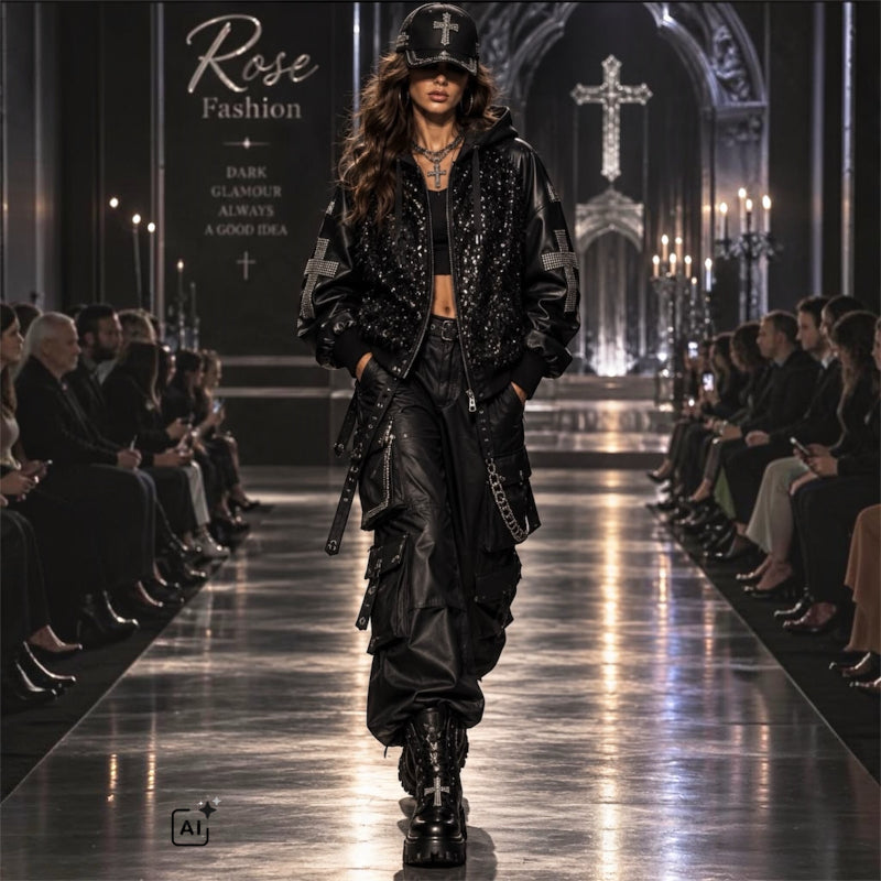 ROSE Lederoptik Jacke "UNIQUE CROSS" mit Kapuze und Strass