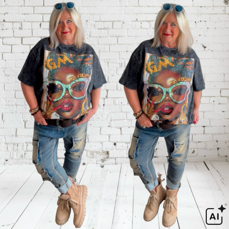 T-Shirt "TGI FRIDAY" mit Pailetten, used black