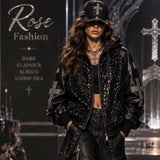 ROSE Lederoptik Jacke "UNIQUE CROSS" mit Kapuze und Strass