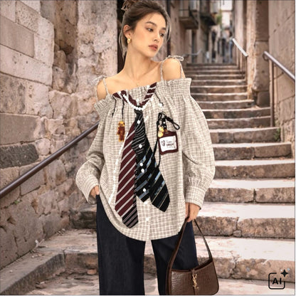 Off-Shoulder Carmen Bluse "TIES", beige