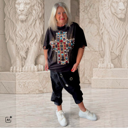 ROSE T-Shirt "DIAMOND CROSS" mit Strass, schwarz