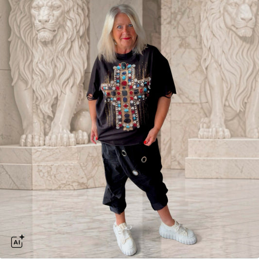 ROSE T-Shirt "DIAMOND CROSS" mit Strass, schwarz