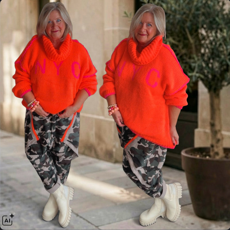 Rollkragen Pullover "NYC", neonorange