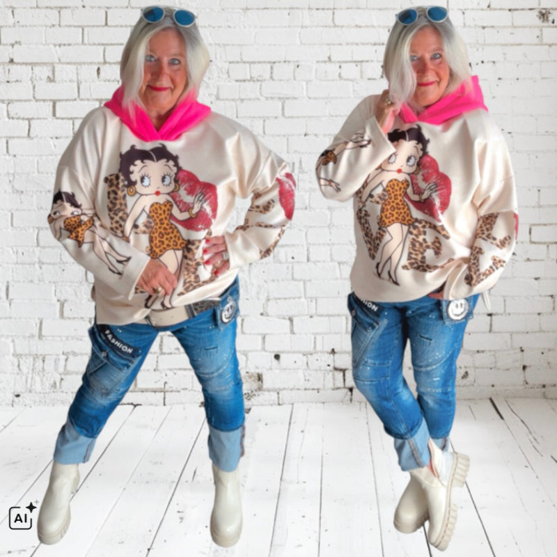 Hoodie "COMIC" multi, mit neonpink-farbiger Kapuze
