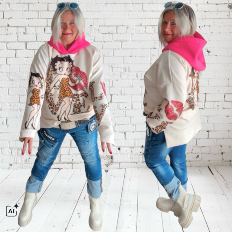 Hoodie "COMIC" multi, mit neonpink-farbiger Kapuze