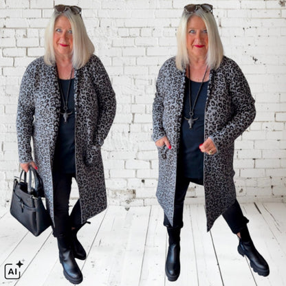 Strickjacke | Cardigan "COZY LEOPARD", grau