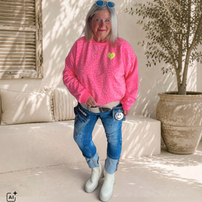 Roundneck Sweater "AMOR CLUB", neonpink