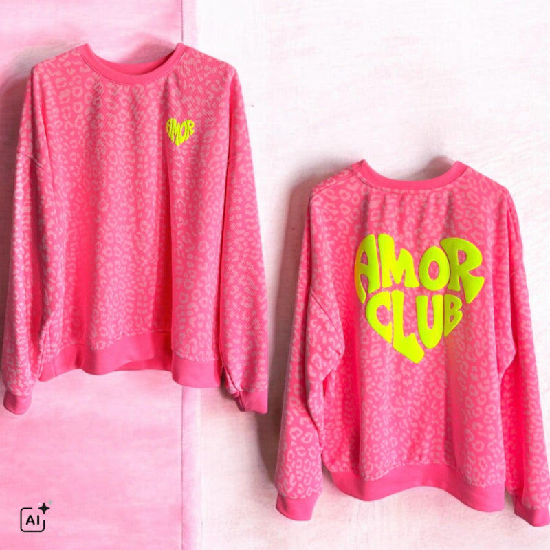 Roundneck Sweater "AMOR CLUB", neonpink