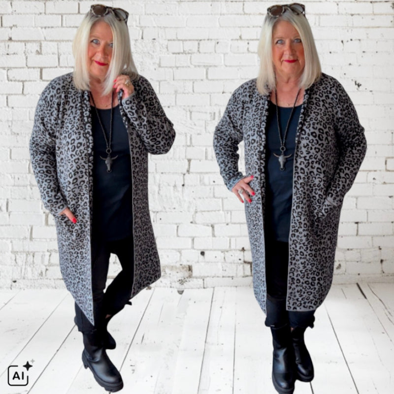 Strickjacke | Cardigan "COZY LEOPARD", grau