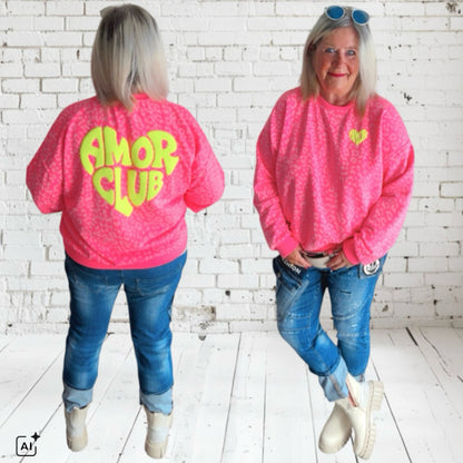 Roundneck Sweater "AMOR CLUB", neonpink