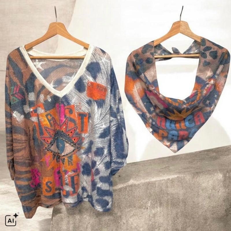leichter Strickpulli "OPEN EYE" mit Schal