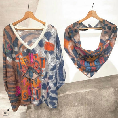 leichter Strickpulli "OPEN EYE" mit Schal