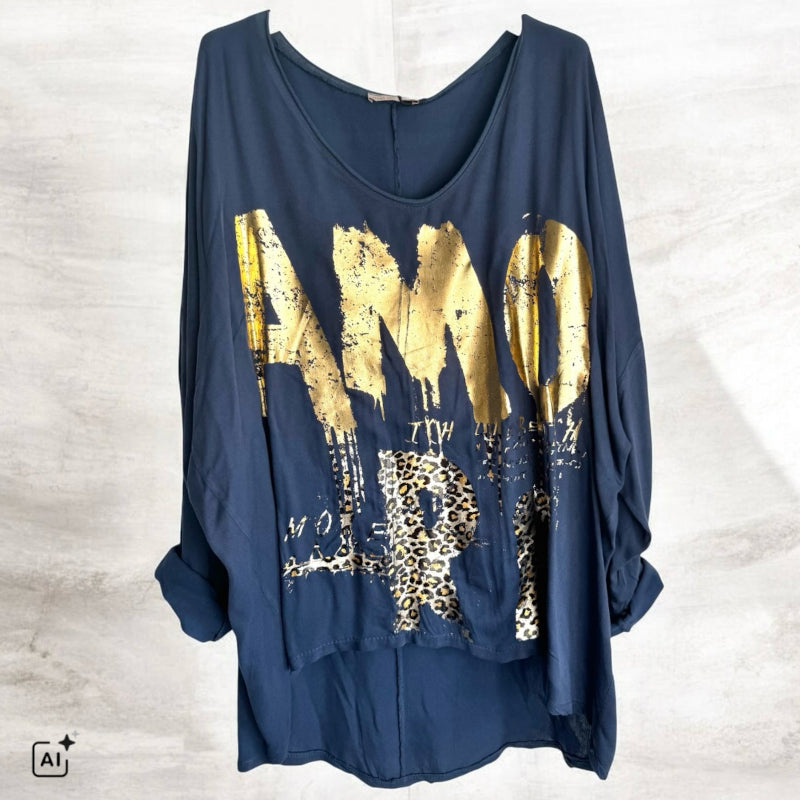 Viskose Langarm Shirt "AMORE", navy