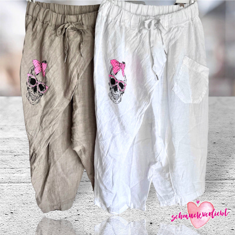 kurze Leinen Baggy "SKULL" mit Glitzer