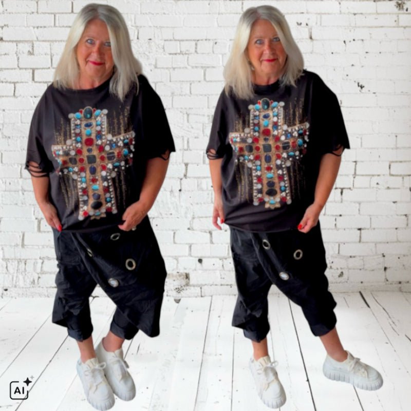 ROSE T-Shirt "DIAMOND CROSS" mit Strass, schwarz