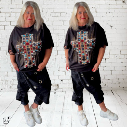 ROSE T-Shirt "DIAMOND CROSS" mit Strass, schwarz