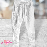 Jogg Pants "FLOWER" mit Häkelblüten, weiß